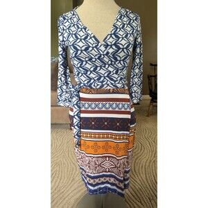 Diane Von Furstenberg "New Julian Two" Blue & White Geometric Wrap Dress, Size 2